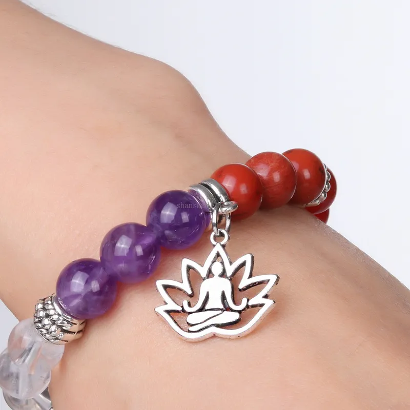 Pulseira de lótus Yoga 7 Chakra Tree of Life vertente Contas de pedra natural pulseiras femininas masculinas Jóias da moda e areia