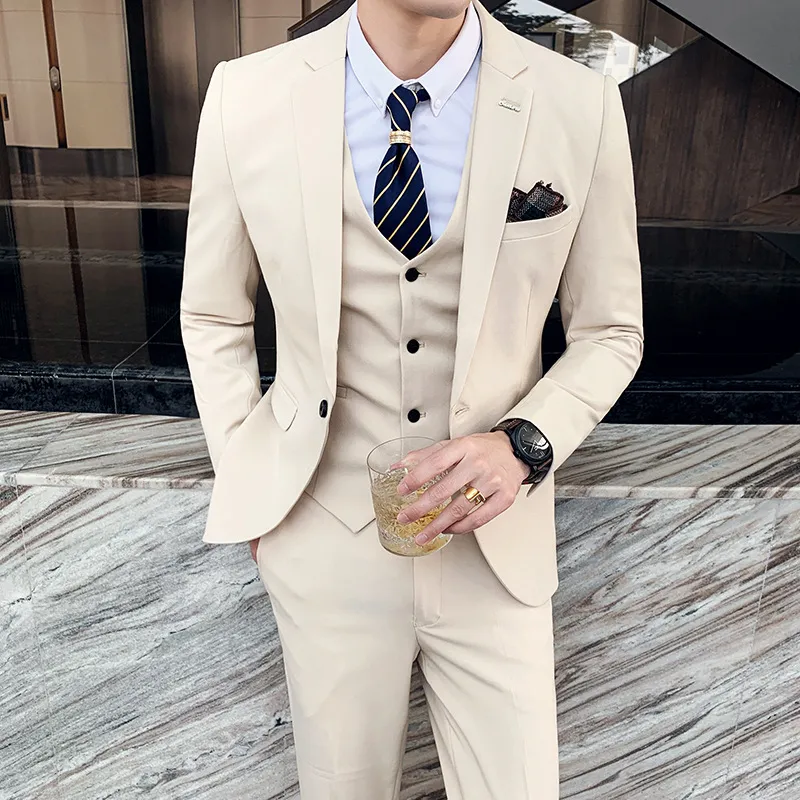 Men Blazer Pants Suit with Vest Set Solid Wedding Party Cocktail Gentleman Luxury Long Sleeves Slim Business Formal Dress Suit