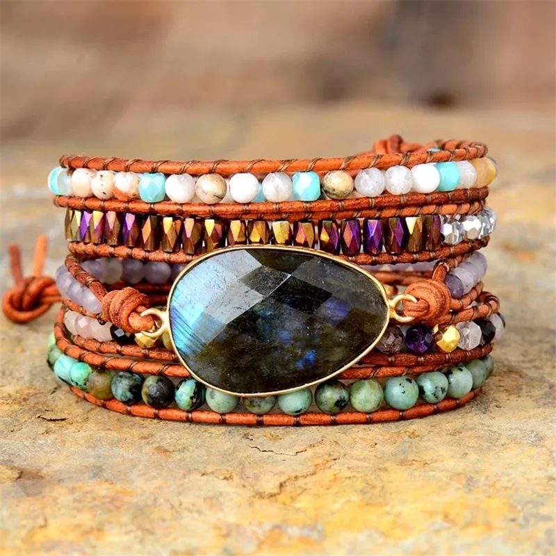 Exklusiva nya kvinnor Boho -armband labradorite 5 gånger läderband vävda wrap pärlor armband femme dropshipping y200730