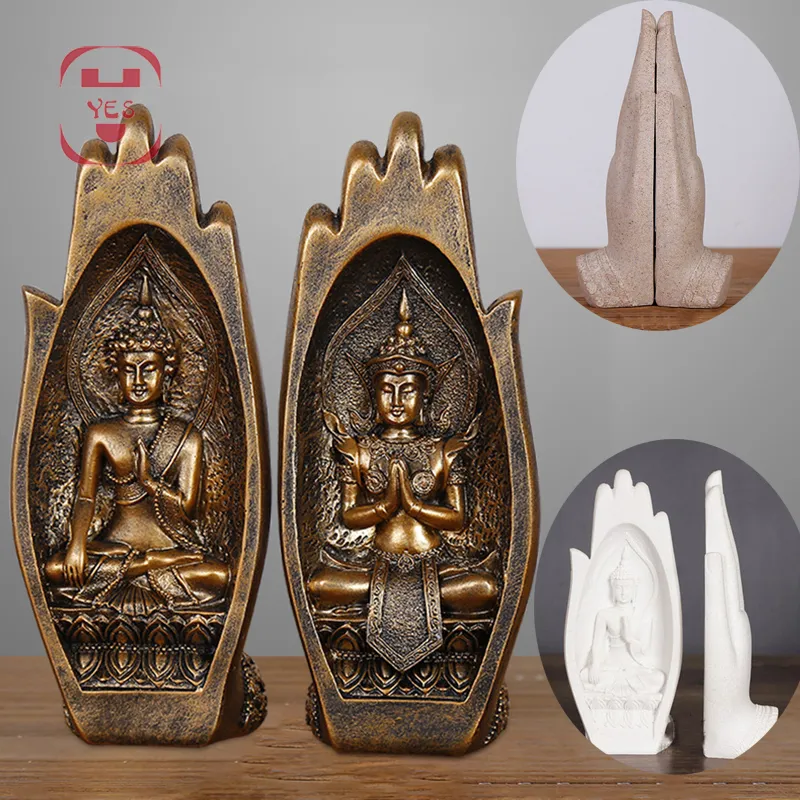 2 Pcs / set Résine Bouddha Statue Moine Figurine Tathagata Inde Yoga Mandala Mains Sculptures Décoration Accessoires Ornements T200703