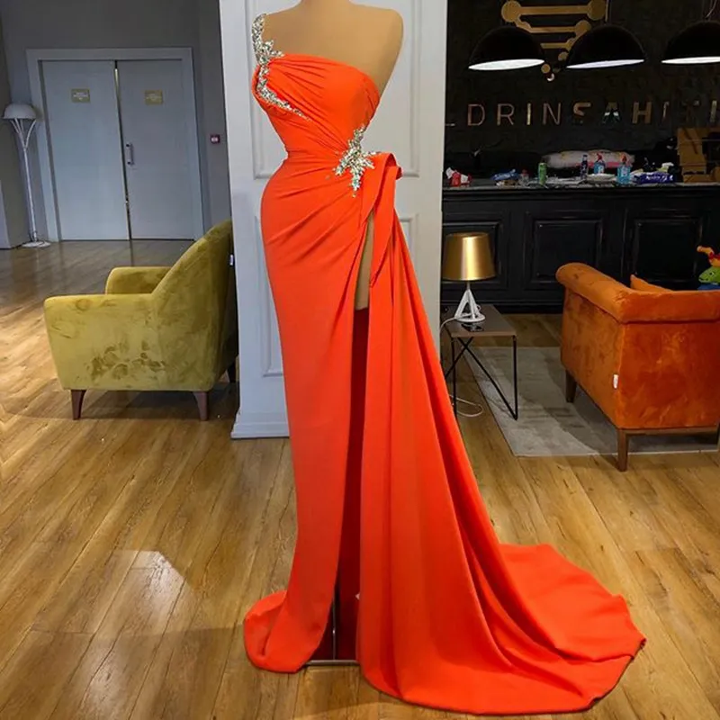 Satin Prom Dresses: Elegant Orange One Shoulder Formal Gown With - Main Image