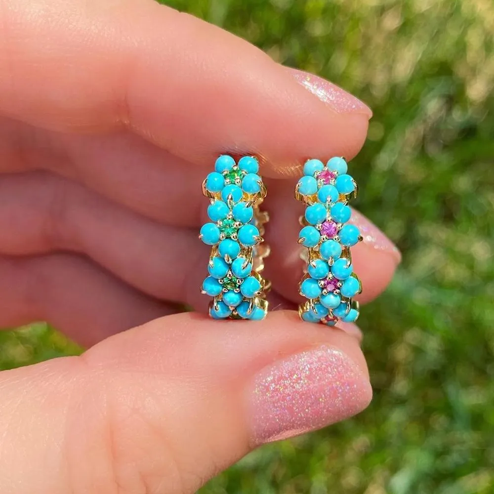 Boucles d'oreilles en forme de cerceau pour femmes, bijoux couleur or, ensemble de broches, pierre turquoise bleue, fleur, nouvelle mode printemps 2021