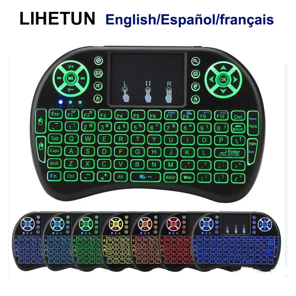 I8 Draadloze Mini Keyboard 7 Backlight 2.4GHz Vlieglucht Muis Lithium-Ion Batterij Afstandsbediening Engels Spaans Frans voor Android TV Box PC