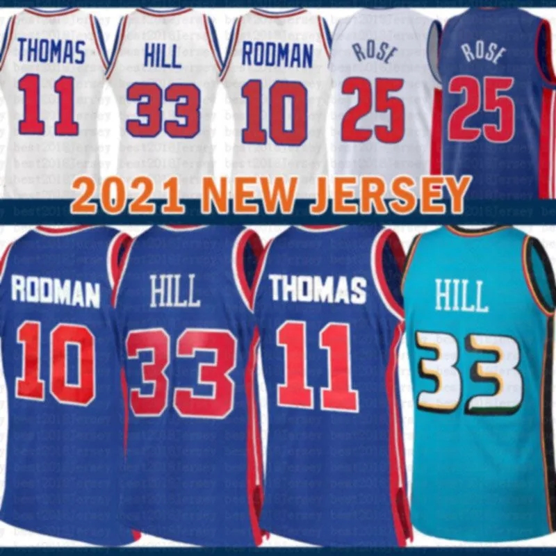 2021 New Grant 33 Hill Basketball Jersey Dennis 10 Rodman Mens Isiah 11 Thomas Mesh Retro Derrick 25 Rose Cheap Black