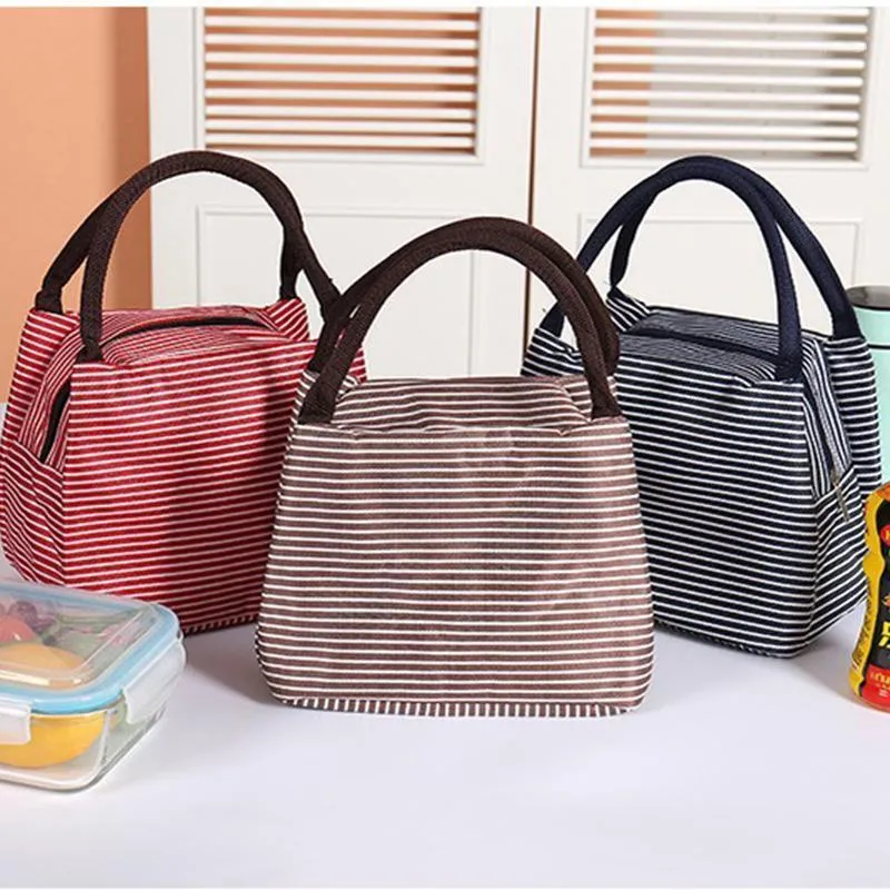 Storage Bags Insulated Lunch Bag Reusable Tote Stripes With Front Pocket Zipper Closure For Office Picnic Travel Kids