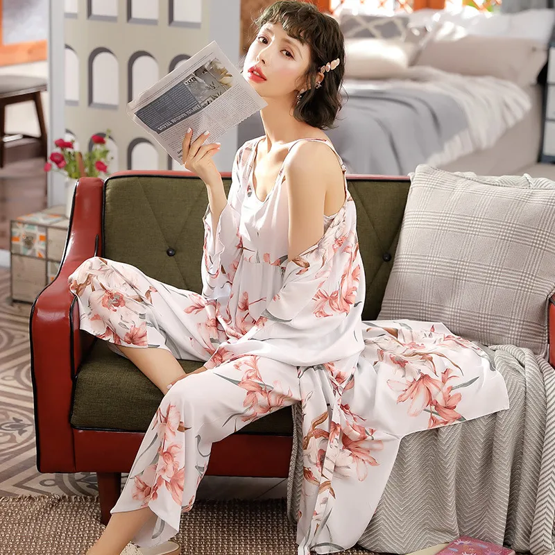 3 Pieces/lot Women Pajamas Sets cotton Home Wear Clothing Spaghetti Strap  Sleep Lounge Sleepwear Pijama Nightwear Pyjamas Set Y200708