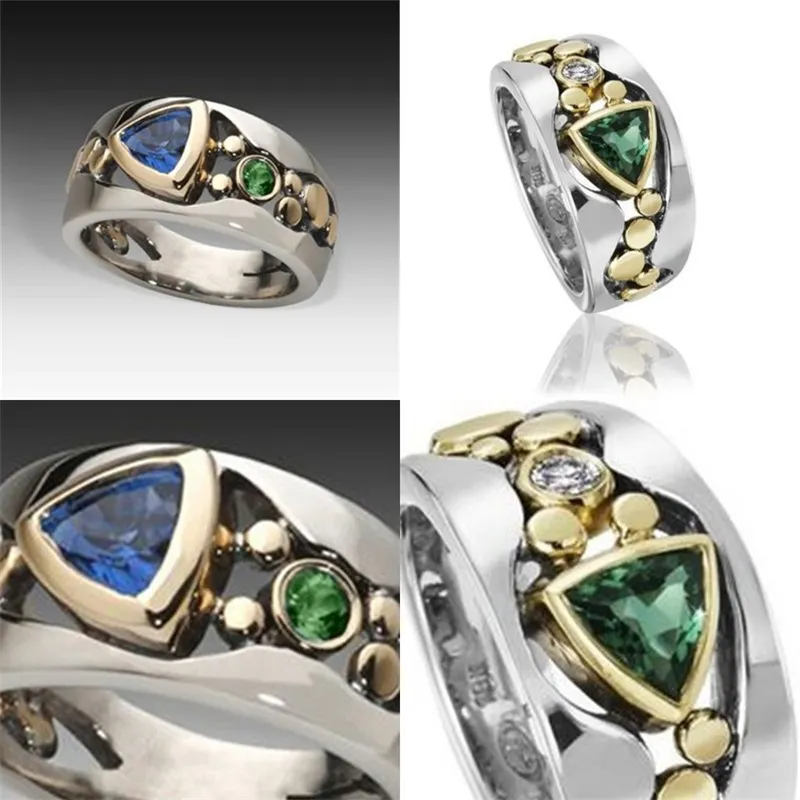 Rhinestone Inlay ringar med sidostäder Hål ut Dekorativ mönster Grön Blues Zircon Alloy Sapphire Ring Smycken Kvinnor Utsökt Fashion Hot 3 2ZJ M2