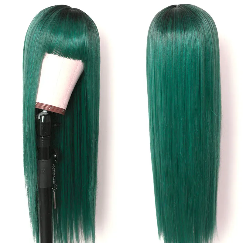 Long Silky Straight Synthetic Replacement Hair Wig Green Ombre Silk Base Wig Full Neat Bangs Heat Resistant None Lace Wigs Fashion Women