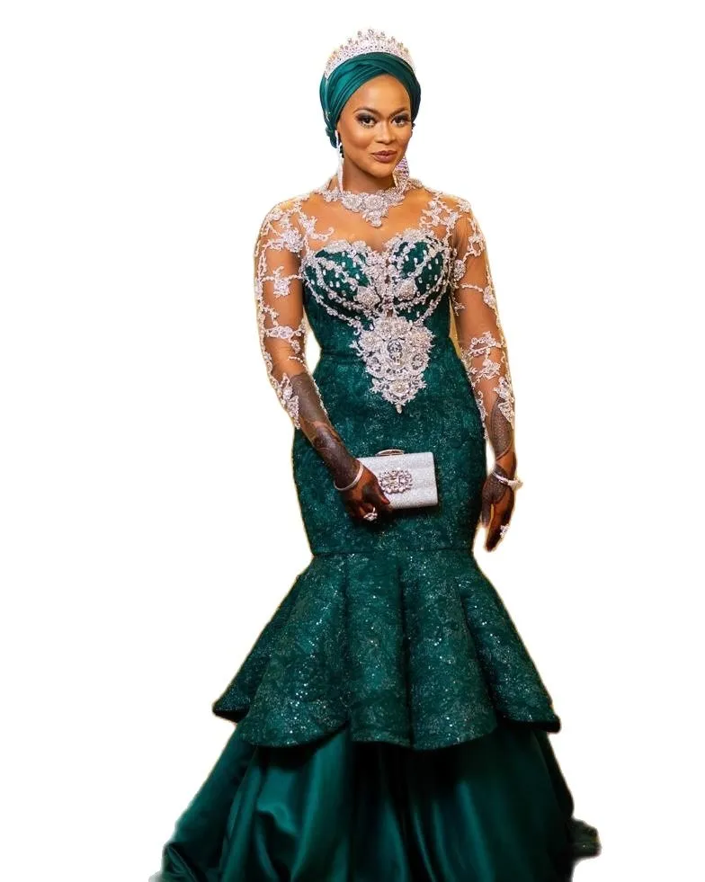 Aso Ebi sirena vestidos de noche largos apliques de encaje verde africano Prom Sheer manga larga árabe Formal vestidos de fiesta Plus