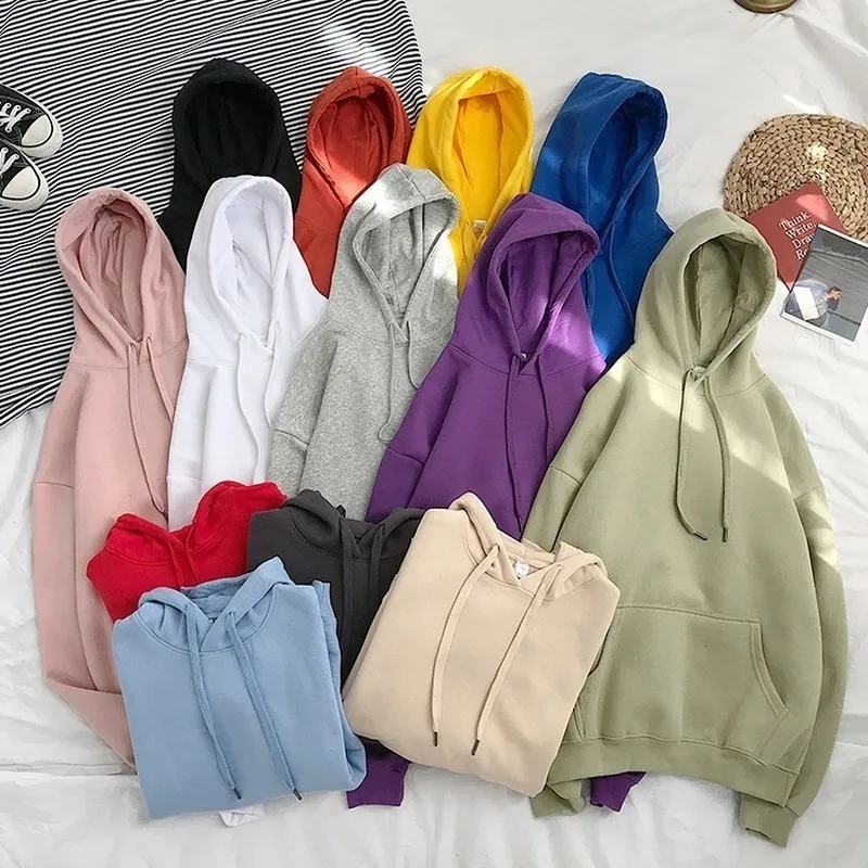 Sudaderas de gran tamaño en 13 colores para mujer, sudaderas con capucha sólidas de algodón para mujer, sudaderas con capucha cálidas y gruesas para mujer, Tops informales holgados a la moda LJ201103