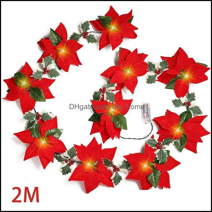 Christmas Decorations 2m 10LED Artificial Poinsettia Flowers Garland String Lights Xmas Tree Ornaments Indoor Outdoor Home Decor