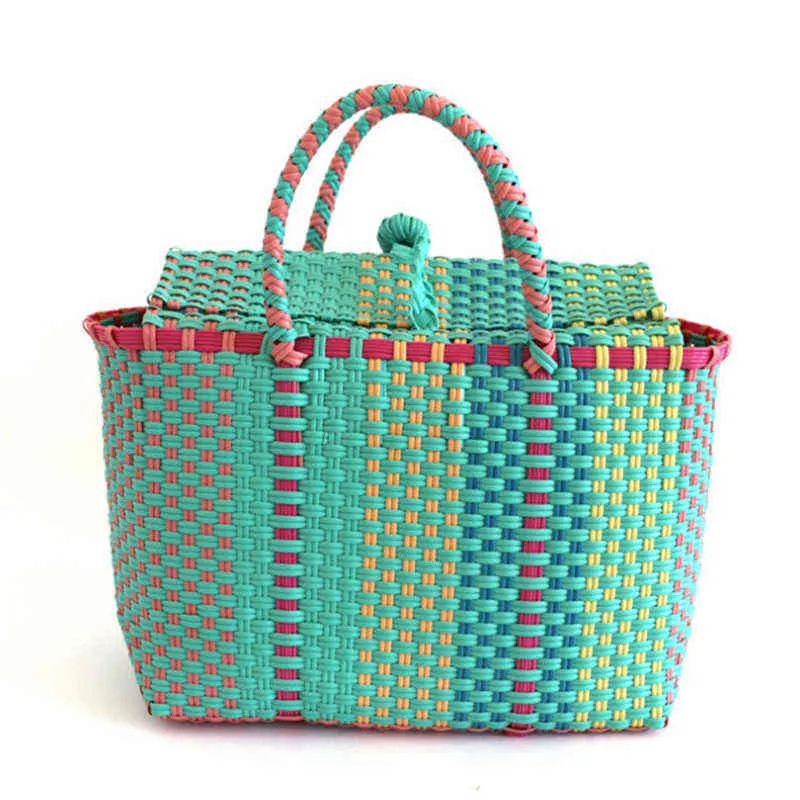 Sacos de compras 2 mulheres de cor durável weave bucket de tecido casual bolsas populares receber palha cesta trançada de plástico 220303