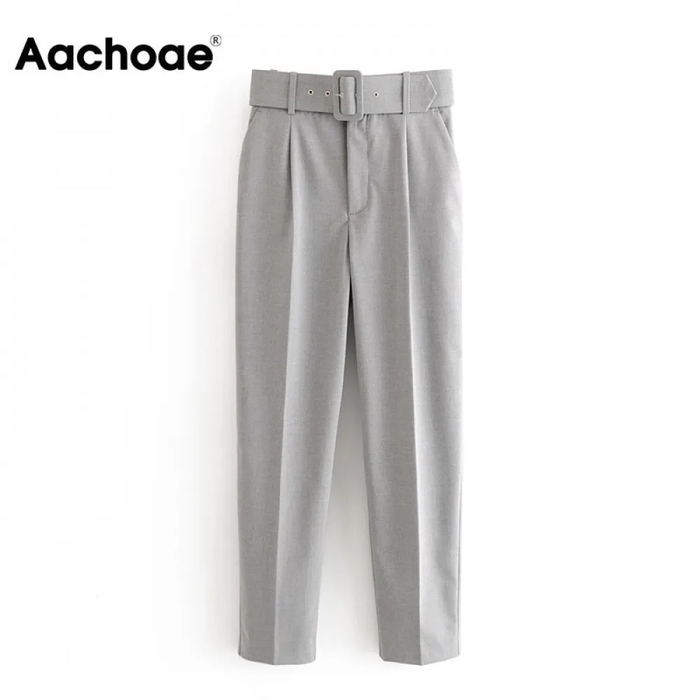 Aachoae Women Office Lady Gray Suit Pants With Belt High Waist Casual Long Trousers Female Pockets Pleated Solid Pants 201109