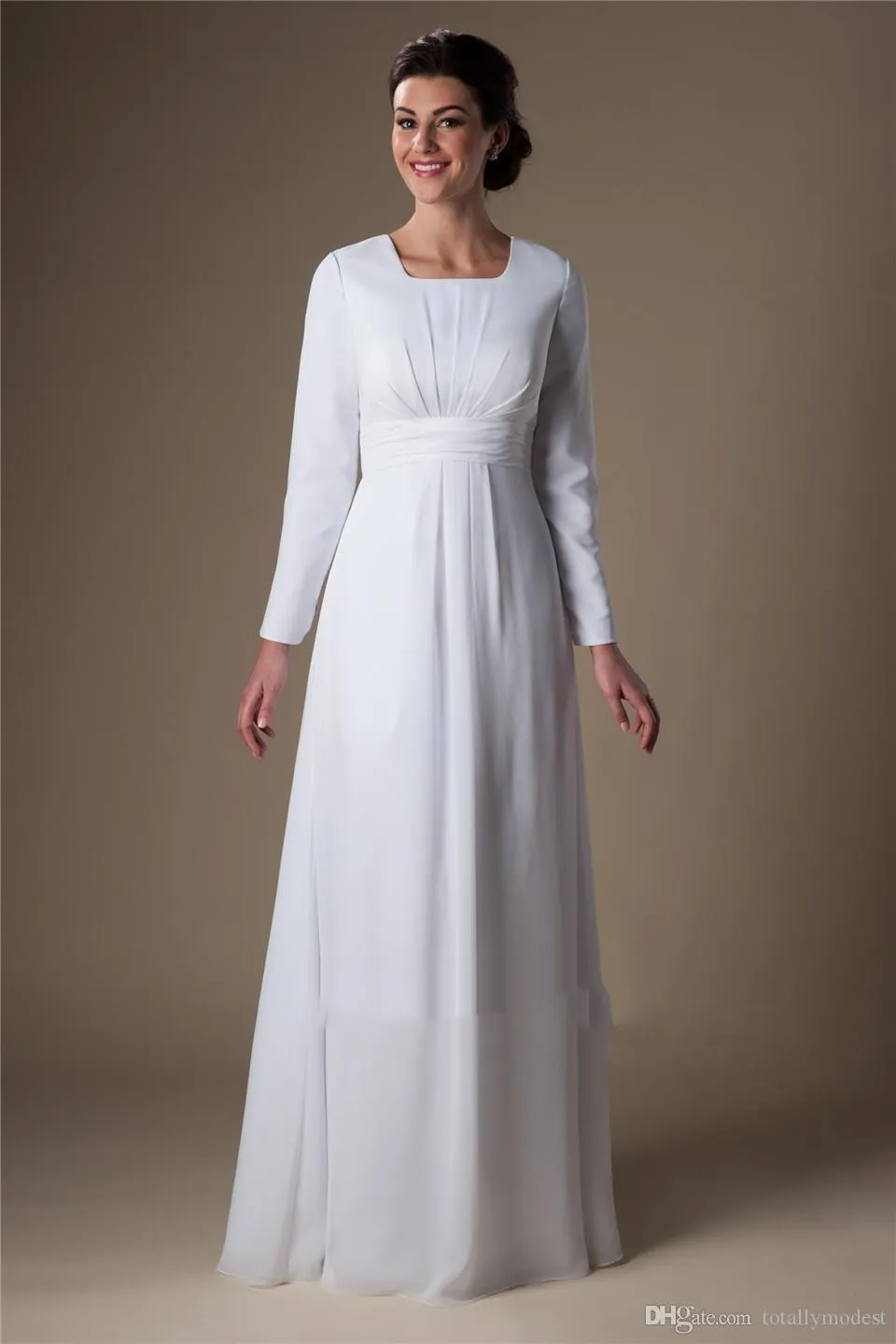 Simple White Chiffon Temple Long Sleeves Wedding Dresses Sleeves A Line ...