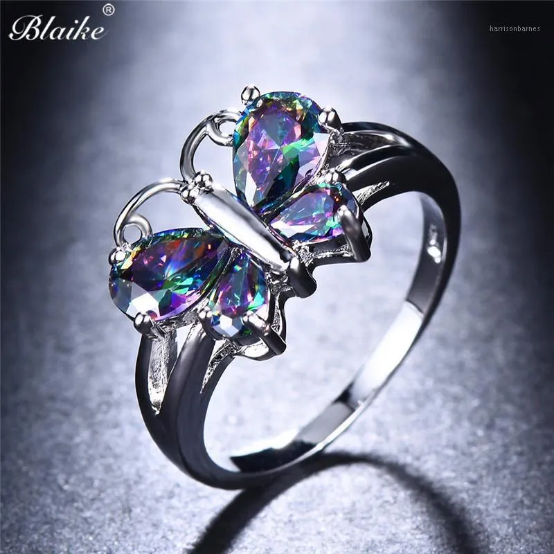 Blaike Multicolor Butterfly Wing Zircon Ringar för Kvinnor Silver Färg Förlovning Smycken Birthstone Valentine Gifts1