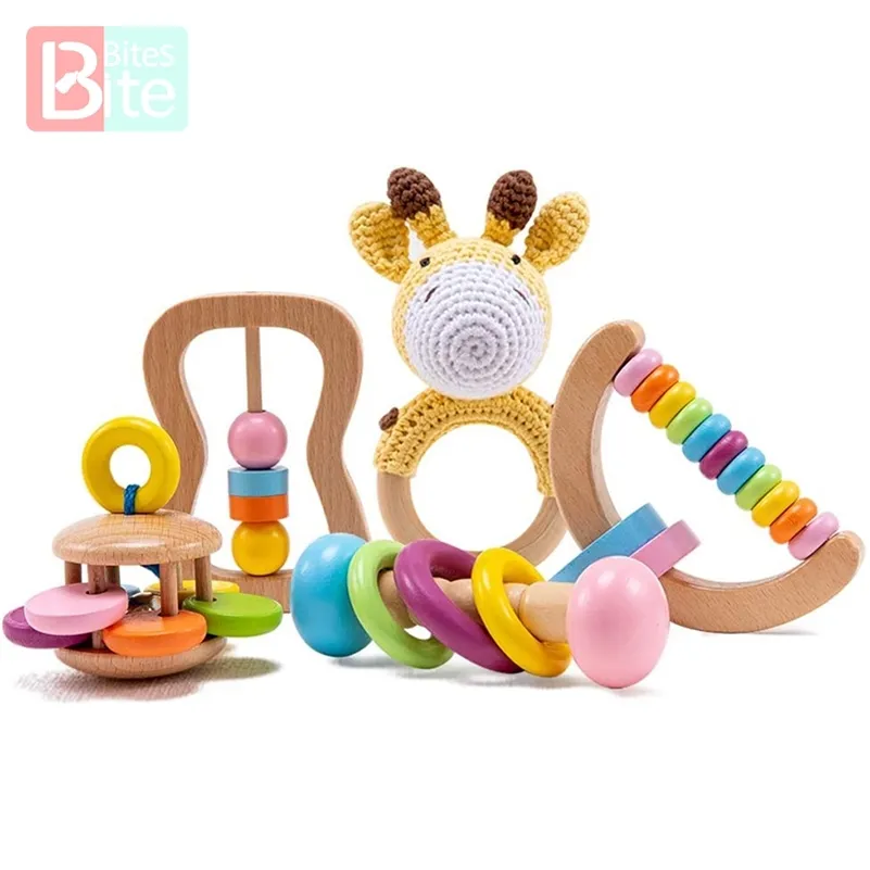 5 pcs orgânico brinquedos de madeira Bebê Bebê Montessori Criança Brinquedo Brinquedo DIY Crochet Chocalização Suotora Bracelete Treether Toy Set Bebê Produto 201224