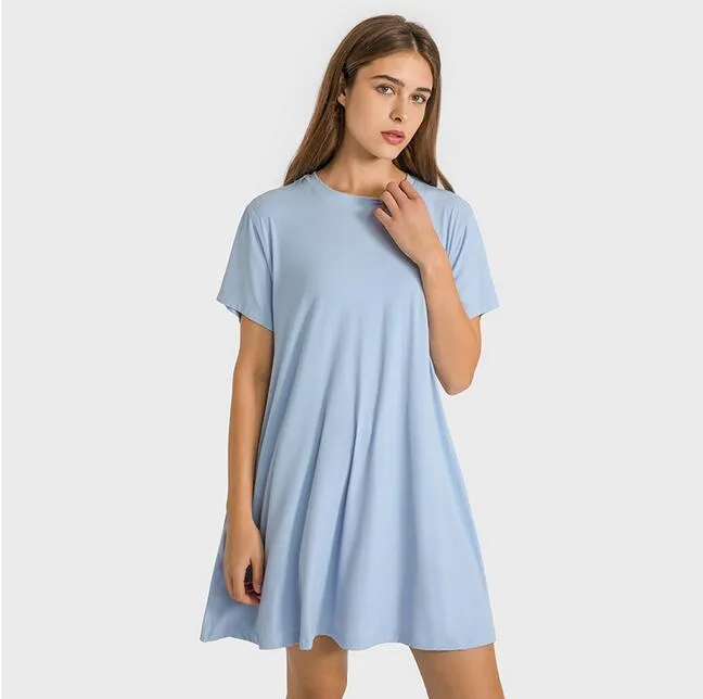 LU LU LEMONS Novos vestidos esportivos para ioga, vestido esportivo de alta qualidade, sensação de nudez, plissado, solto, ioga, francês, gola redonda, casual, externo, cortado