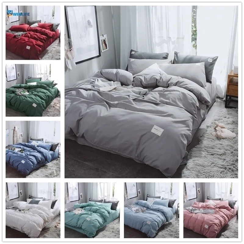 Nuevo juego de cama de lujo de color puro, juego de funda nórdica moderna King Queen, cama doble completa, juego de sábanas planas de algodón híbrido para cama breve 201211