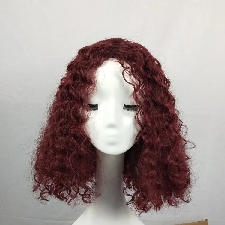 16 polegadas Borgonha Afro Kinky Curly Sintetic Wig Hightemperature Fiber Perruques Simulação Human Human Hair Wigs XP9763