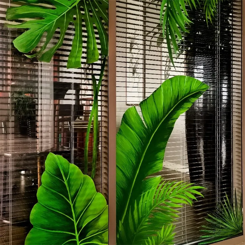 Pastorale plantes vertes feuilles balcon verre autocollants porte mur pour salle de bain fenêtre décoration Grille 3D papier 220217