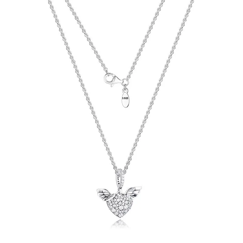 Rensa CZ Heart Angel Wings Pendant Halsband för kvinnor 925 Sterling Silver Collier Smycken Kvinna Choker Halsband Smycken Fine Q0531