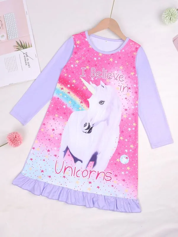Girls Unicorn Stampa Abbigliamento Arruffato Con Slogan Cotone
