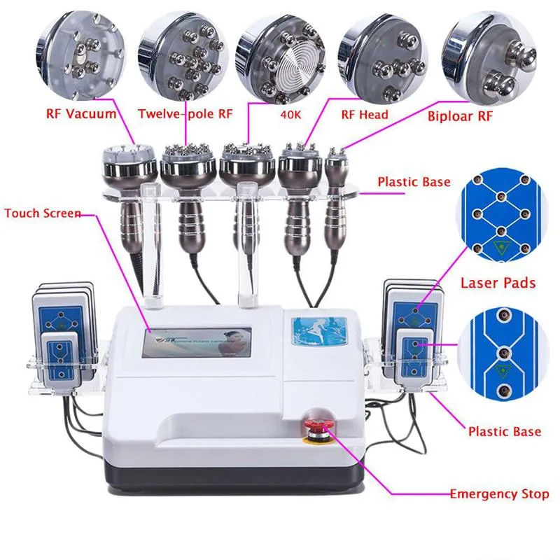 6 em 1 Máquina de emagrecimento 40k Cavitação Vacuum Lipolaser Moldura do corpo para perda de peso Remoção de gordura RF Radioteca Radio