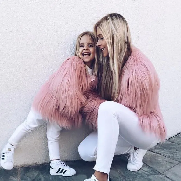 Children coats fashion girls faux fur princess coat kids plush long sleeve outwear Mother and daughter fleece fur warm overwear A5257