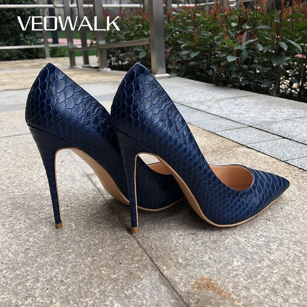 Sandals Veowalk Sexy Women Snake Skin Embossed High Heel Shoes Italian Style Navy Blue Fashion Ladies Extremely High Stilettos Pumps J1215 J230525