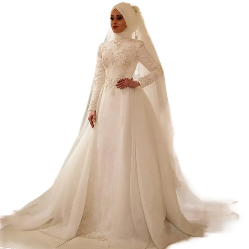 Ivory Muslim Hijab Wedding Dresses Gown With Overskirt Pearls Beaded Lace Appliques Long Arabic Dubai Islamic Wedding Gowns Custom245Z