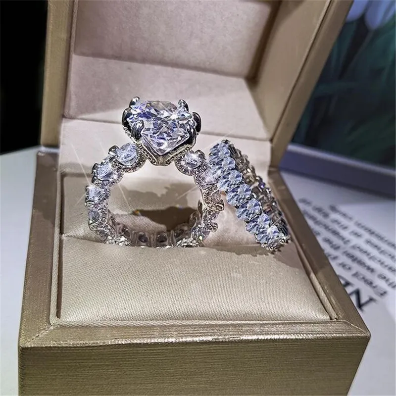 Luksusowa luksusowa biżuteria para pierścienie duże owalne cięte białe Topaz CZ Diamentowe Gemstones Kobiety Wedding Bridal Ring Set Prezent