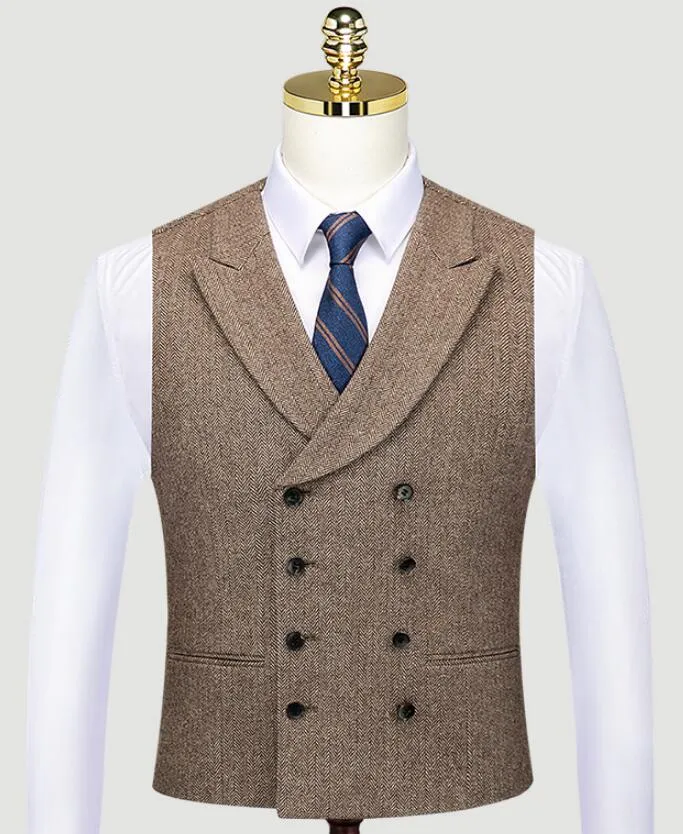 Double Breasted Groom Vests Bruiloft Bruin Wol Herringbone Tweed Groomsmen Vesten Heren Party Prom Farm Country Faillat Navy Blue