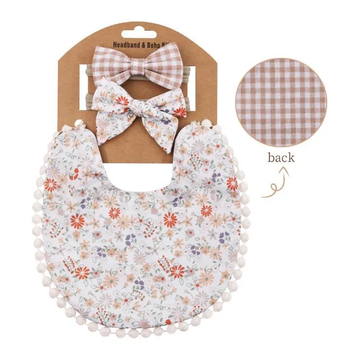 Baby bib double-faced Bibs grid printing burp cloth Cotton flax Bow headband Hair accessories Infant Set kids Gift Sets wmq890