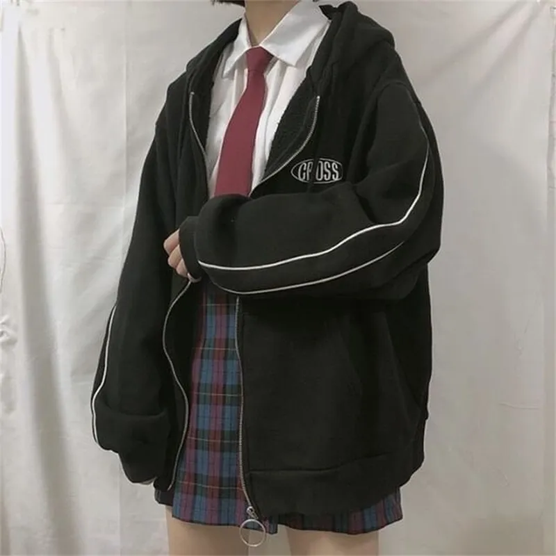 Streetwear Harajuku Suaverizado Suave Mulheres Imprimir carta Zip Up Hoodies Student Plus Size Outwear Feminino Feminino Tops 201216