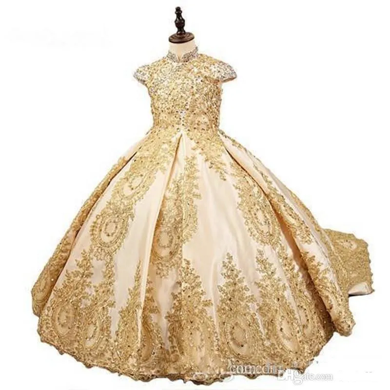 Vestido de Baile Dourado Glitz 2020 Princesa Meninas Vestidos de Concurso Fúcsia Bebê Camuflado Vestidos de Flor Com Miçangas3118