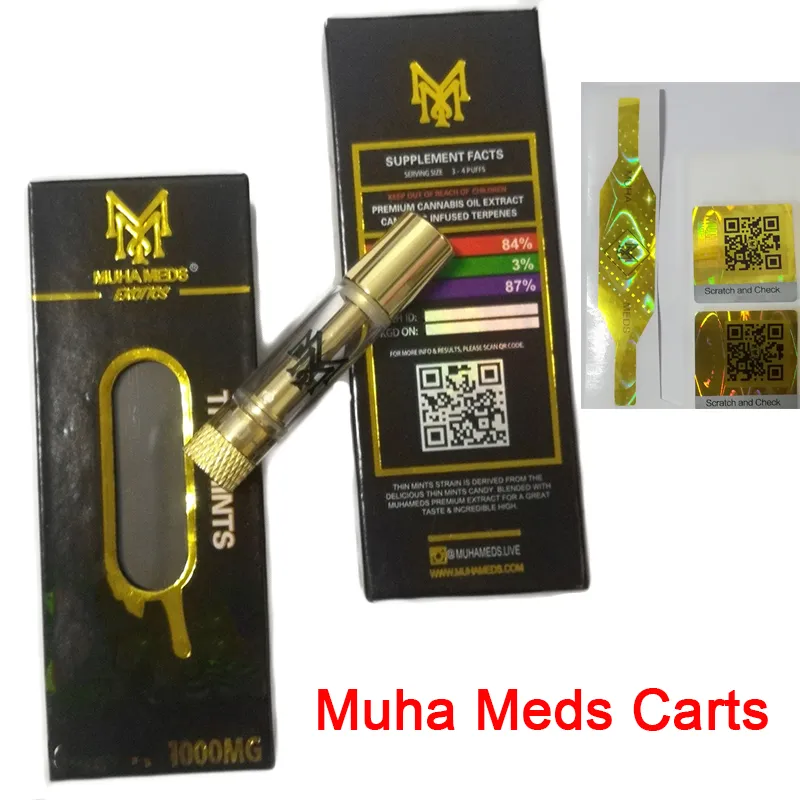 Muha Med Carts Live Resin Vapeカートリッジ0.8mlセラミックコイルアトマイザー丸い先端厚いオイルゴールドチップホログラフィックパッケージングボックス付きスレッドカートリッジ