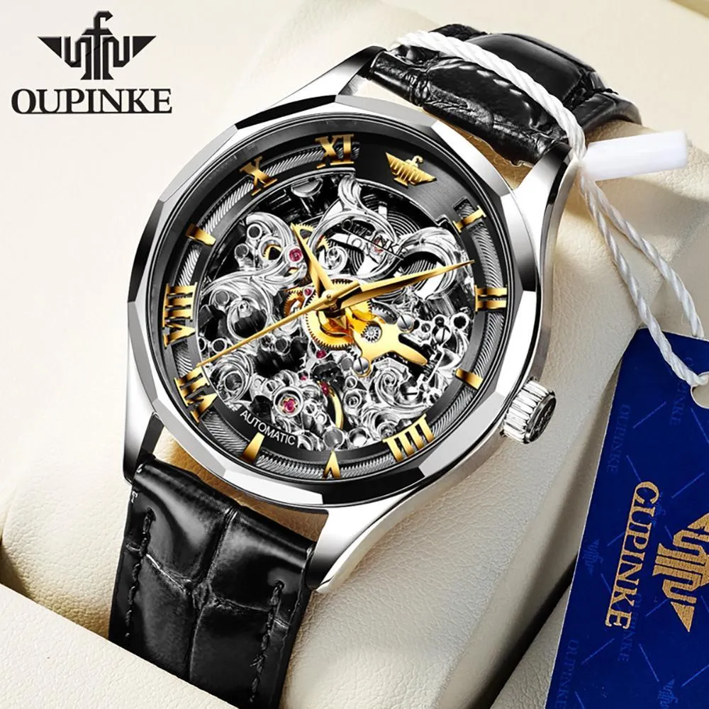 New Men's Watches OUPINKE Top Brand Leather Chronograph Waterproof Sport Automatic Date mechanical wristwatch Watch For Men's B1205