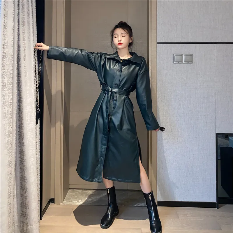 2021 Black Cool Pu Leather Long Jacket A Line New Spring Autumn Women Outterkläder Löst bälte PU LÄDER Windbreaker Slim Trench Coat Kvinna