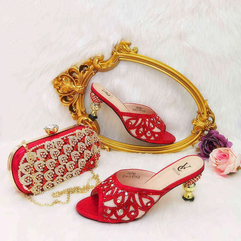 Dress Shoes Italian Design High Heel Orange Color Rhinestones Women And Bag Set For Party Quality Lady Occasion 220303