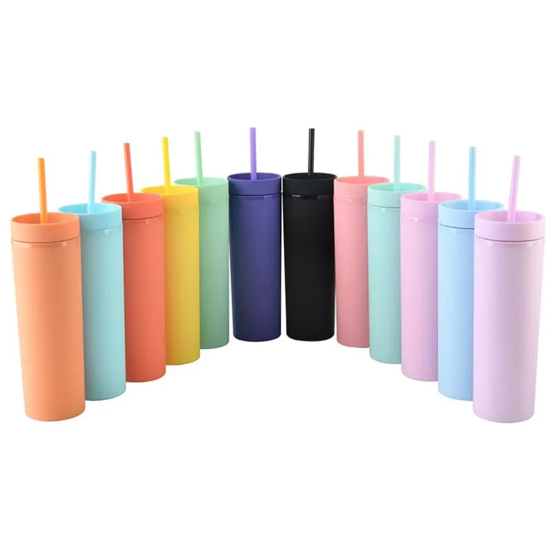 12 cores 16oz acrílico reto slim tumbler fosco colorido parede dupla 500ml plástico copos de plástico beber caneca reutilizável do copo de Sippy com palitos livres das tampas