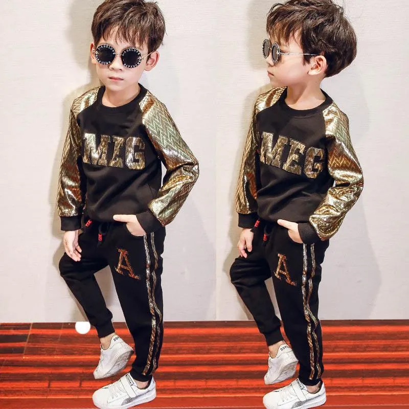 Boys suits casual kids tracksuit gold kids designer clothes boys tracksuits long sleeve t shirt+trousers boys clothes retail A8223