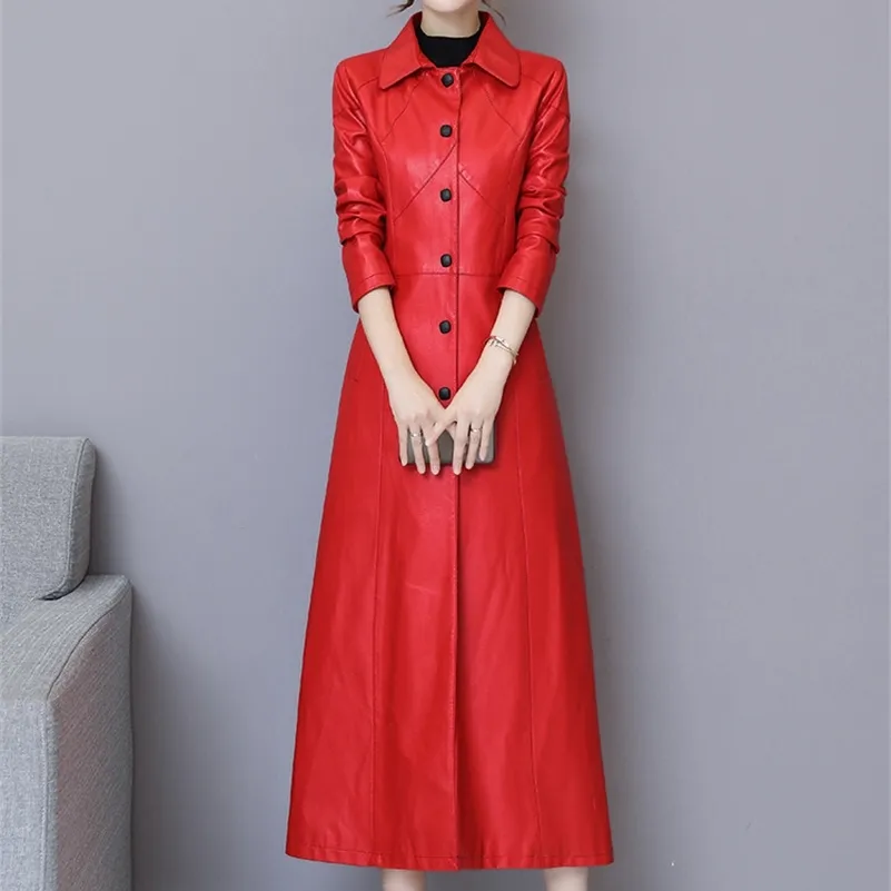 Lautaro Extra langer Leder-Trenchcoat für Damen Rot Schwarz Plus Size Kleidung für Damen 4XL 5XL 6XL 7XL Damen Herbstmode 201226