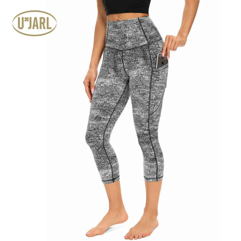 UxJARL High Waist Yoga Pants with Pockets Seamless Sport Leggings Stretch Cropped Pant Embossed Capri Workout Tights H1221
