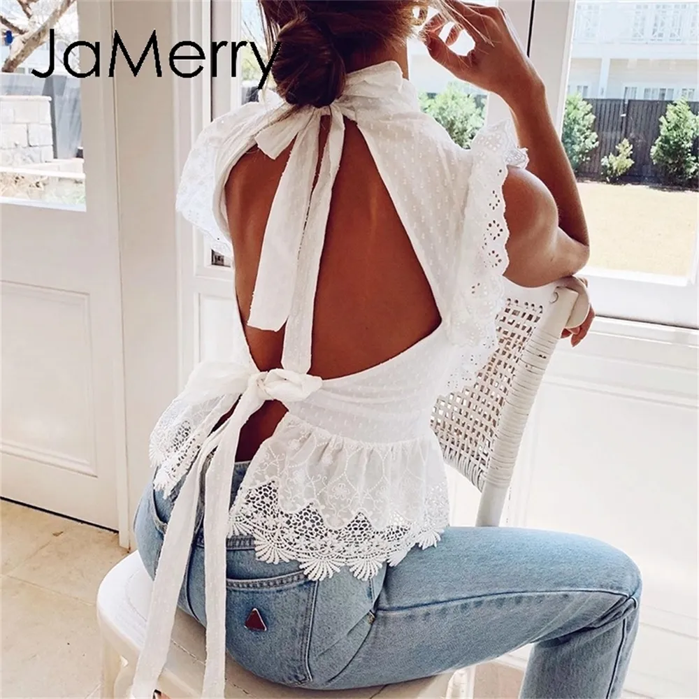 JaMerry Backless pizzo ricamo donna canotte bianche Ruffled scava fuori top peplum stile estivo femminile Streetwear top donna LJ200812