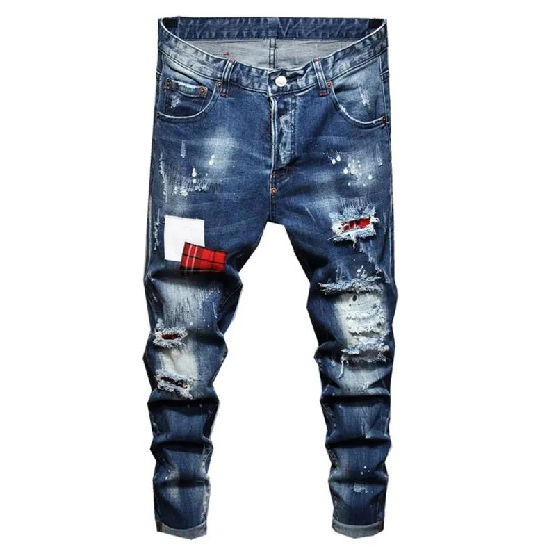 Jeans Masculino Holes Rasgado Patchwork Stretch Jeans Slim Skinny Patch Design Desgastado Calças Jeans2674