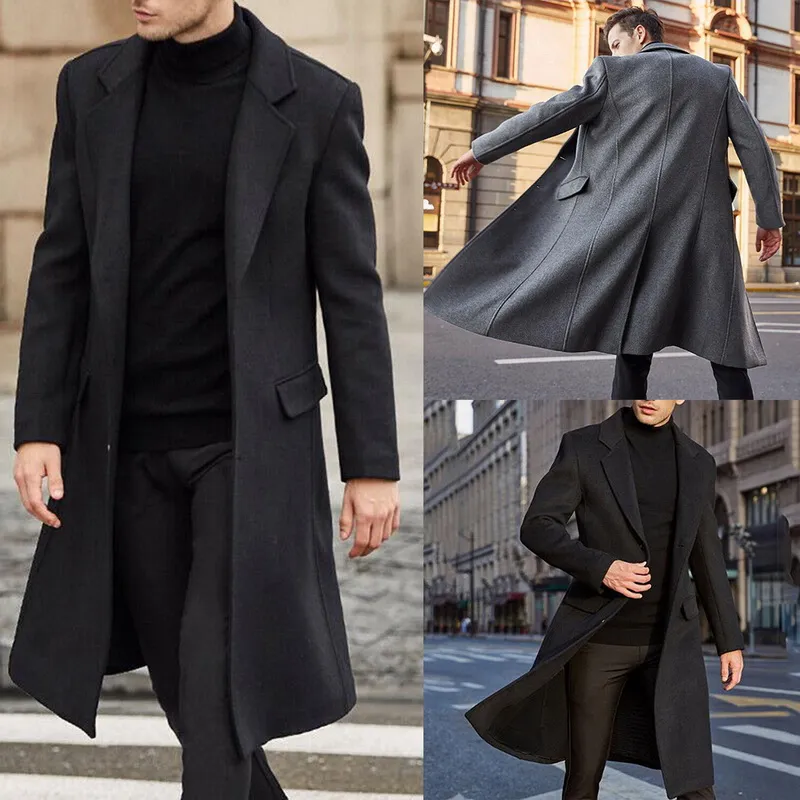 2021 Winter Men Coats Woolen Solid Long Sleeve Jackets Fleece Men Overcoats Streetwear Fashion Long Trench Wedding Tuxedos