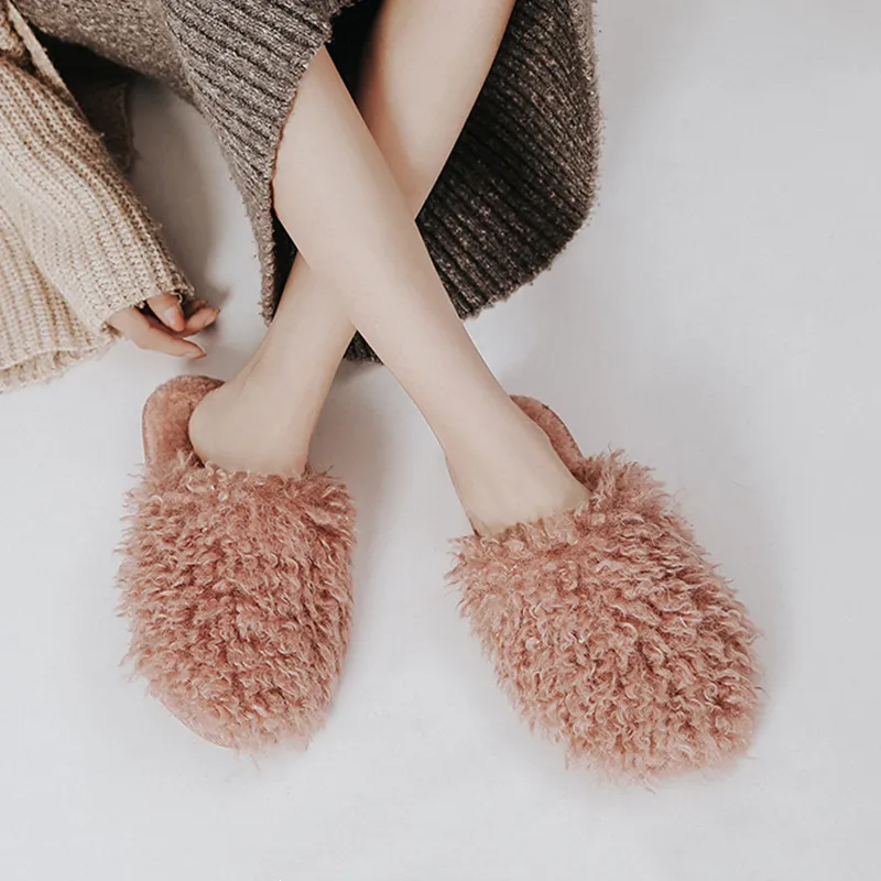 Hiver Chic maison femmes bouclés pantoufles sans lacet floue mémoire mousse maison diapositives intérieur chaud en peluche chambre dames chaussures