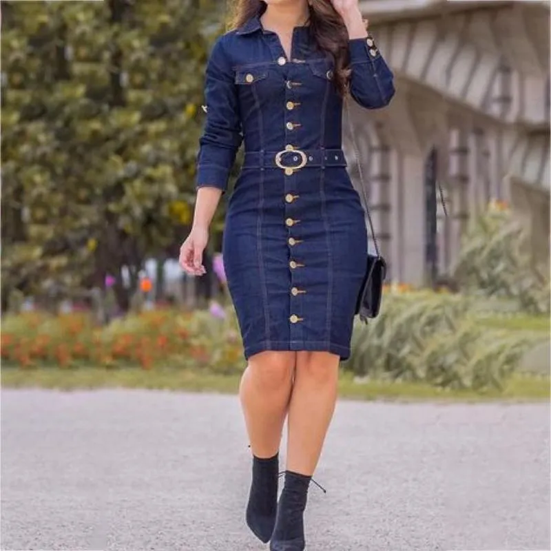 Lavaport Women's Vintage Turn Down Collar Denim Dresses with Pockets -  Walmart.com