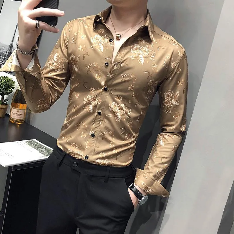 Bronzing Imprimer Hommes Chemises 2021 Spring Homme Style Britannique Slim Fit Chemise Soft Comfort Homme Vêtements Casual Camisas Para Hombre