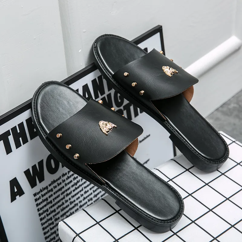 TOP QUALITY Mens Slippers ACE Designer Slides metal button Vintage Flat Genuine Leather Beach Shoes black Sandals Luxury brand Flip Flop Slide Large size 38-48